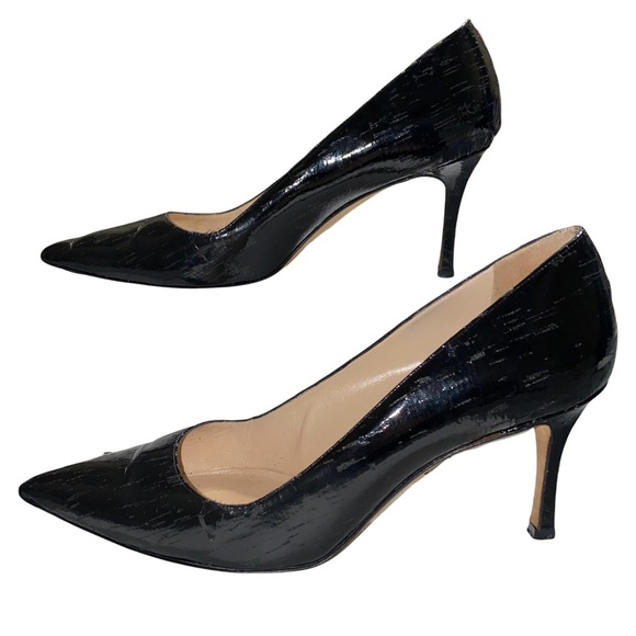 Manolo Blahnik Textured Black Patent Pointed Toe 3” Heel Leather Pumps Size 39 - Picture 2 of 16